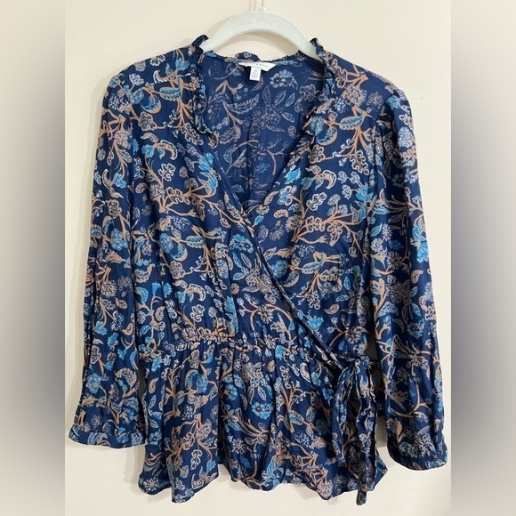 LUCKY BRAND Women’s Floral Faux Crossover Tie Waist Peplum Blouse‎ Blue Medium - Picture 1 of 14